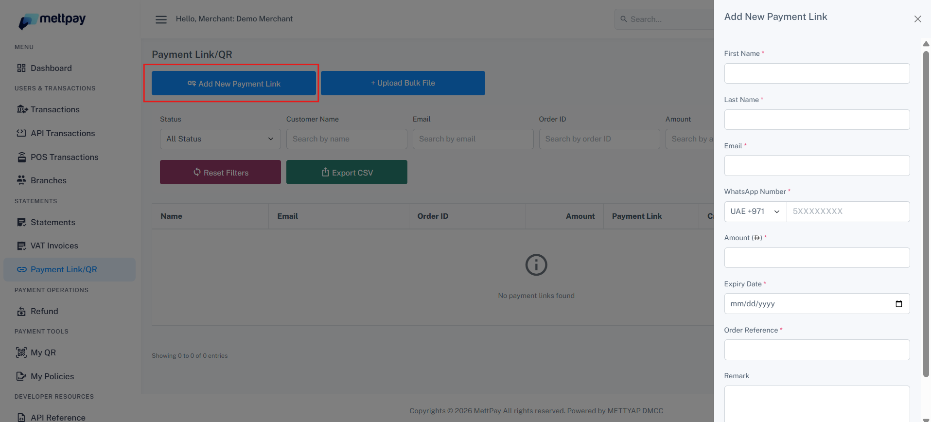 Add New Payment Link Panel